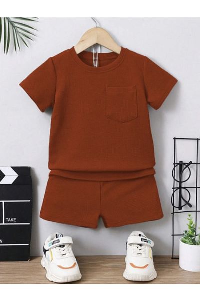 Bubito Waffle Visual Pocket Detailed Cotton Summer Baby Kids Shorts Set-Red