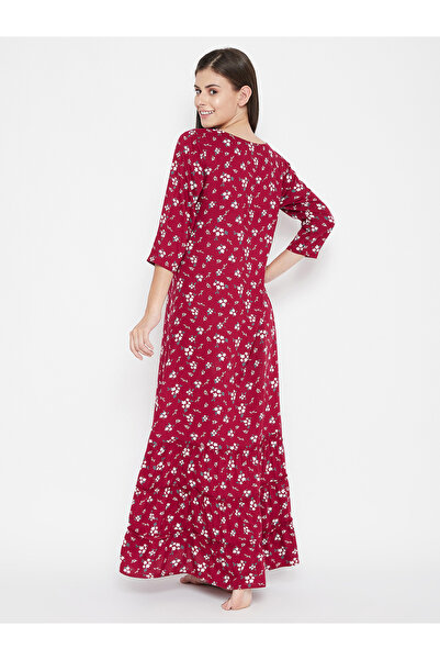 Clovia By Styli Women Maroon Floral 3/4 Sleeve Nighty Nightdress