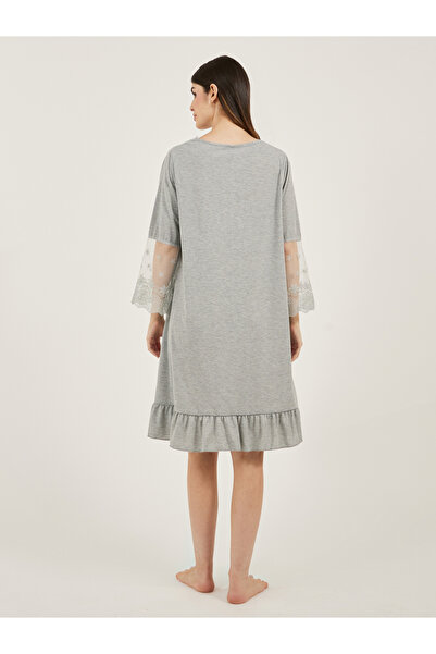 Styli Solid Ruffled Hem Nightdress with Lace Insert