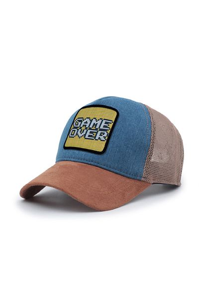 Trucker Game over Model Interchangeable Emblem Mesh Cap Suede Jeans