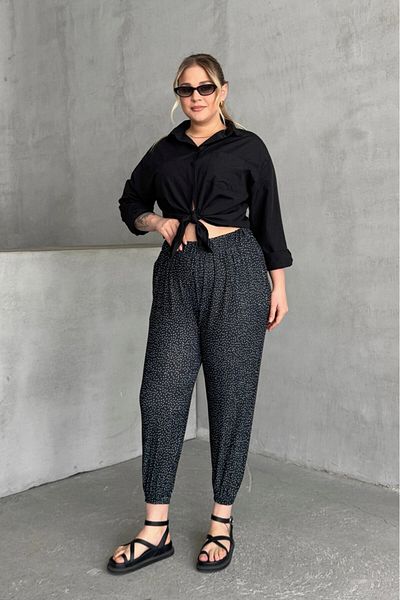 Stil Diva Large Size Patterned Shalwar Trousers with Elastic Waist and Legs with Pockets 74-73