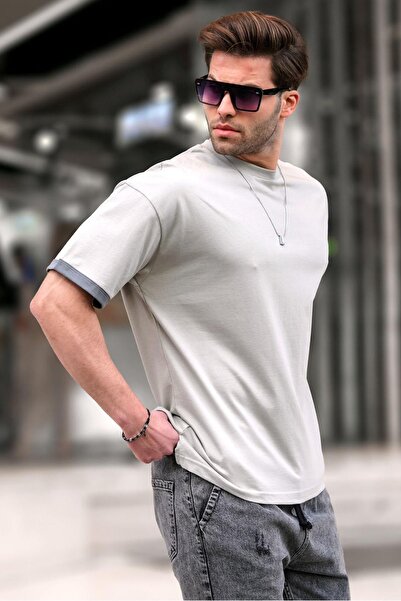 Madmext Βαμμένο γκρι Oversize T-Shirt Crew Neck 6184