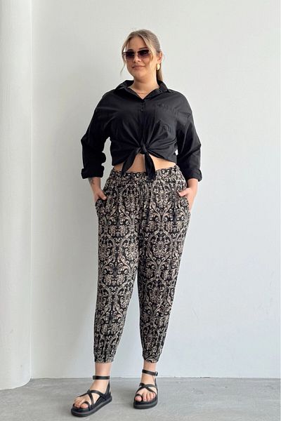 Stil Diva Large Size Patterned Shalwar Trousers with Elastic Waist and Legs and Pockets 74-75