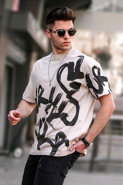 Madmext Beigefarbenes, gemustertes Overfit-T-Shirt für Herren 5811