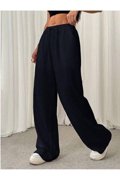 night blue Wide Leg Trousers with Lace-Up Waist and Pockets - Dark Blue