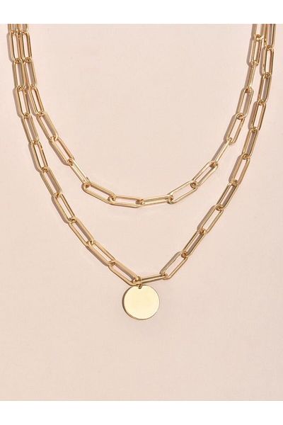 pullmarkt Gold Color Rectangular Chain Round Sequin Charm Layered Necklace