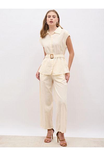 Styli Solid Cap Sleeve Shirt and Wide Leg Pants Co-Ords