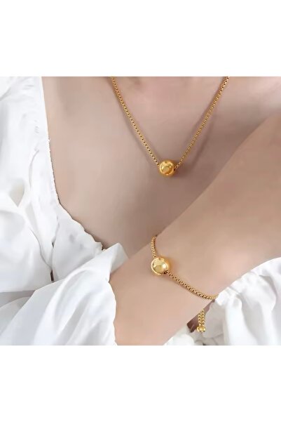 monalisatoka Kadın Gold Top Boncuklu Kolye Bileklik Set 2 Li Takım