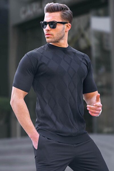 Madmext Πλεκτό κοντομάνικο μπλουζάκι με μαύρο διαμάντι 6354