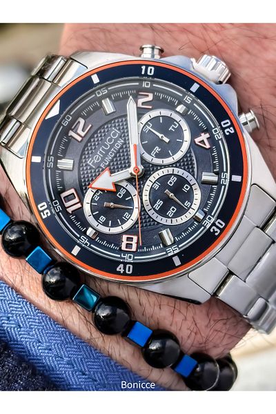Ferrucci Silver-Dark Blue, Functions Active, Vip Serial Calendar Men's Wristwatch Bracelet Gift