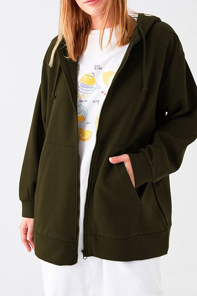ruNadeS Women's Regular Fit Knitted 3 Thread Zippered Fleece Cardigan Khaki