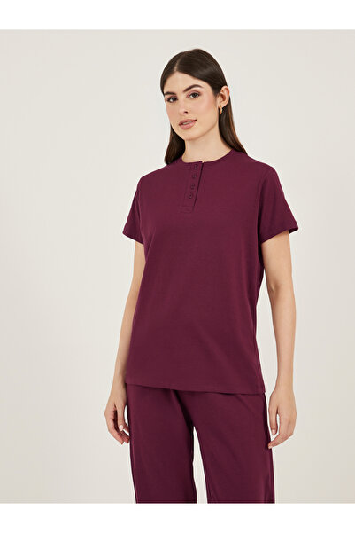 Styli Burgundy Knitted T-Shirt and Straight Pyjama Set for Women