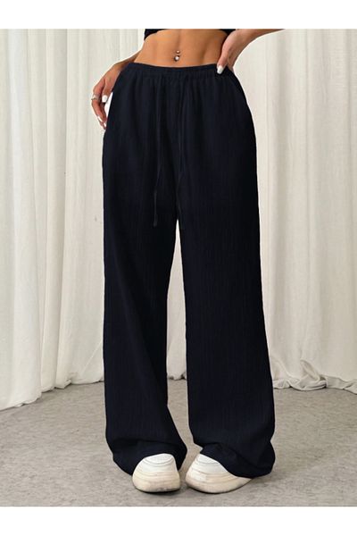 night blue Wide Leg Trousers with Lace-Up Waist and Pockets - Dark Blue
