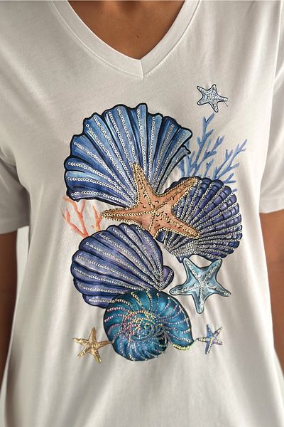 FEMELLE Women's White V-Neck Large Size Starfish Sequin Sequin Embroidered 100% Cotton T-Shirt