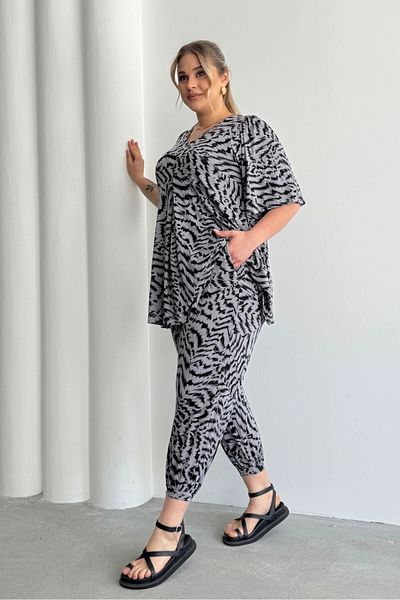 Stil Diva Large Size Patterned Baggy Trousers with Elastic Waist and Legs with Pockets 99-3