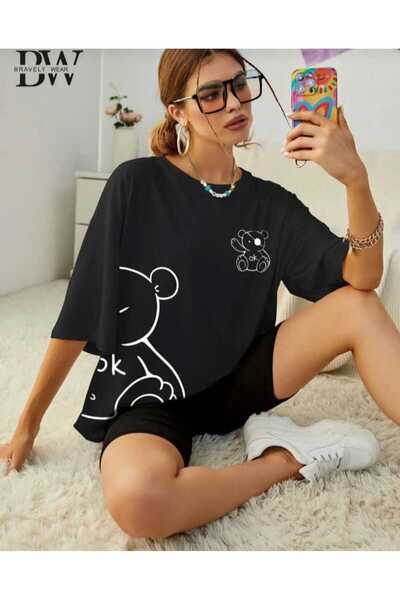 İpli Tricou oversize cu imprimeu urs culoare neagra