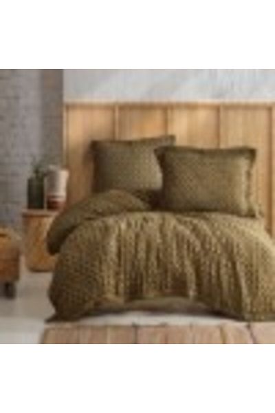 Şaheser Set Cuvertura + 2 Fete Perna, Gofrata, Bumbac 100%, 220x240cm, Enza Khaki
