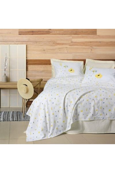 Cotton Box Duvet cover with bed sheet and pillowcases, made of cotton with yellow and blue flowers, Dolce Yellow