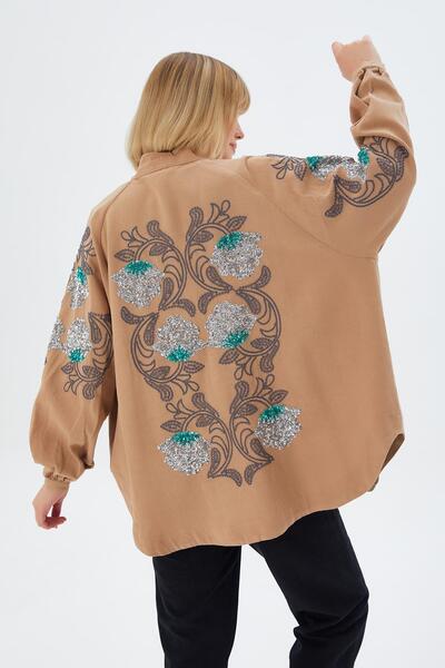 MODAJİN Dadali Embroidery and Sequin Detail Kimono Vison