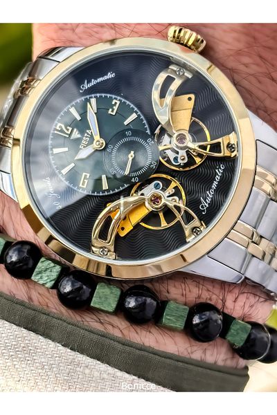 Fiesta Silver-Yellow, Auto(Without Battery),Cord Case Steel, Vip Custom Series Men Wristwatch with Bracelet Gift