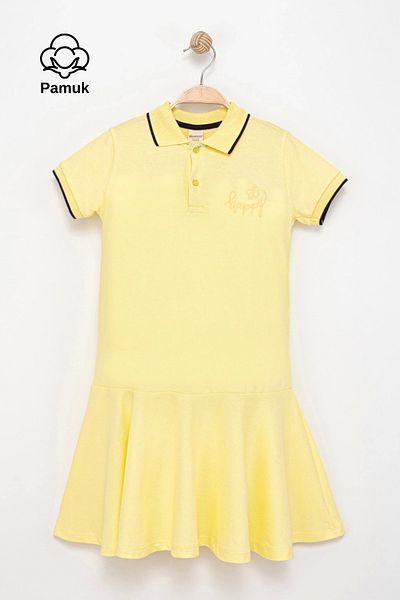 MK Mukko Kids Girl's Polo Neck Flared Ruffled Embroidered Cotton Summer Short Sleeve Dress