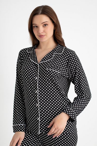 DOFİ Dofi Women &Apos; S Black Polka Dot Pajama Kit with Long Sleeves and Buttons