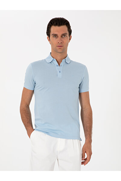 Cacharel تي شيرت قطني أساسي بياقة بولو وقصة ضيقة باللون الأزرق الجليدي 503009...