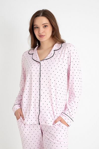 DOFİ Dofi Women's Light Pink Polka Dot Pajamas Set Long Sleeve with Buttons