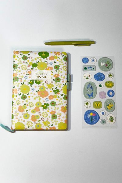 caps office 200 Sheets Floral Pattern Notebook & Embossed Sticker + 0.7 Nib Mechanical Pencil Stationery Set