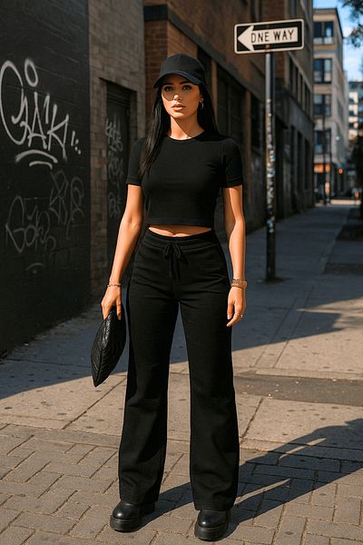 Zerenyus Women's Black Crop Wide Leg Pants Bottom Top Set