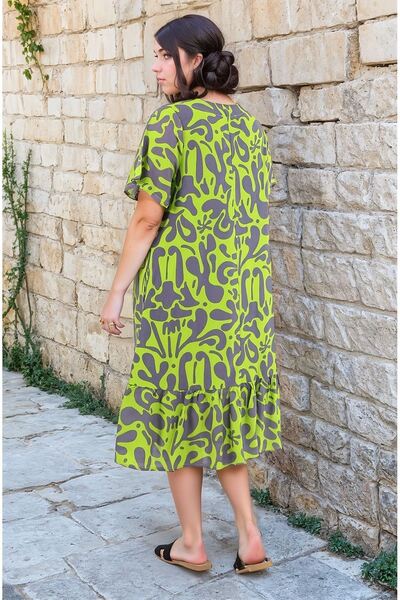 Burcumay Women's Patterned Short Sleeve Green Pocket Ruffle Large Size Dress Viscose Summer Beach Holiday Dress