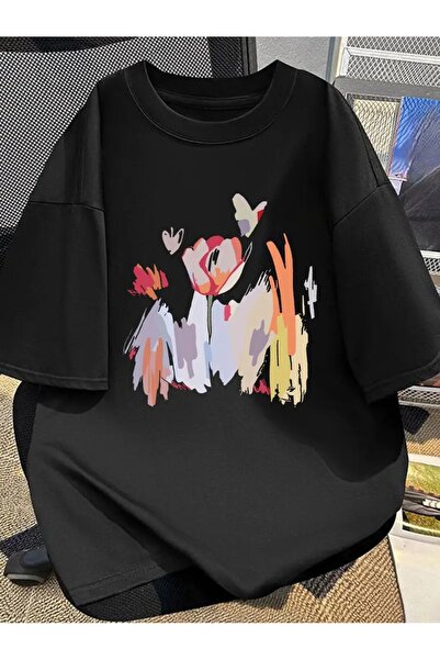 LAND MODA Βαμβακερό μπλουζάκι, αφηρημένο σχέδιο λουλουδιών, casual στρογγυλή ...