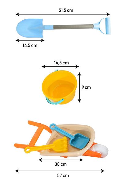Waldern Toys Medium Size Wheelbarrow with Bucket, Water Bottle and Hand Shovel Beach Sand Play Set