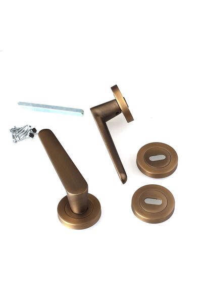 Badem10 Kayı (1 TAKIM) Antik Sarı Oda Kapı Kolu Daire Rozetli Sürgülü ve Çelik Kapı Sağ Sol Kolları