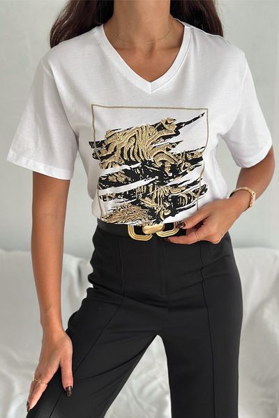 FEMELLE Women's White V-Neck Plus Size Sequin Sequin Embroidered 100% Cotton T-Shirt