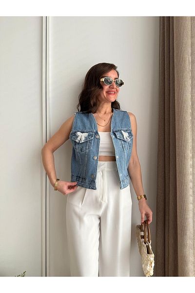 My Blog Vestă din denim cu fundă albastră - 6518