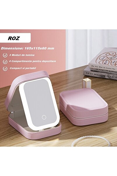 Flippy Cosmetic Bag with LED Mirror, 3 Light Modes, USB Charging, Pink, 16.5x11.5x6 cm