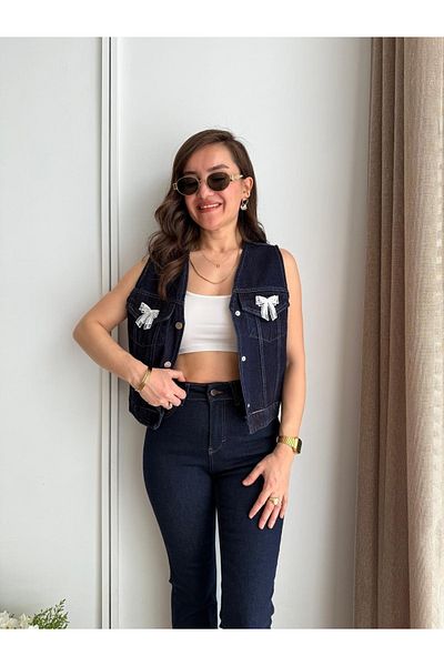 My Blog Navy Blue Bow Denim Vest - 6518