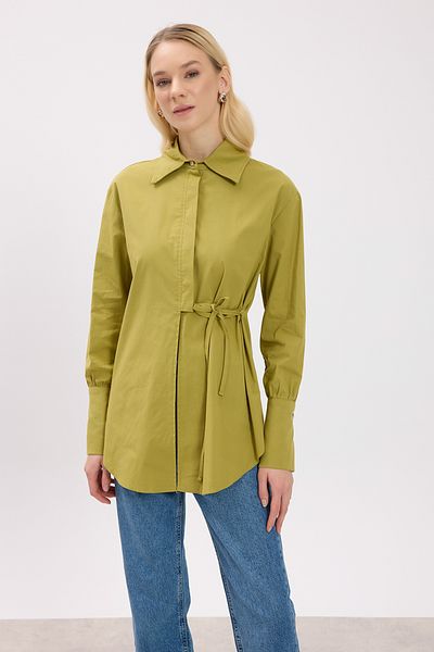 Birgül Bektaş Oil Green Classic Collared Shirt with Tie Detail