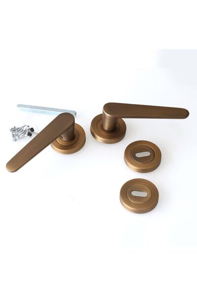 Badem10 Kayı (1 TAKIM) Antik Sarı Oda Kapı Kolu Daire Rozetli Sürgülü ve Çelik Kapı Sağ Sol Kolları