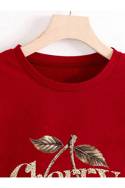 trendgar Tricou oversize roșu cu imprimeu leopard și cireșe