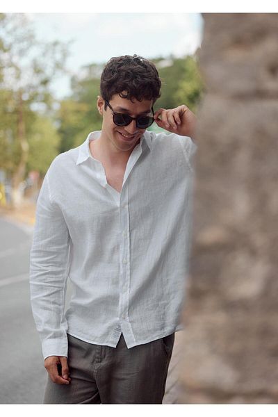 VENA Λευκό λινό πουκάμισο Nicolas - Ανδρικό, κανονική εφαρμογή