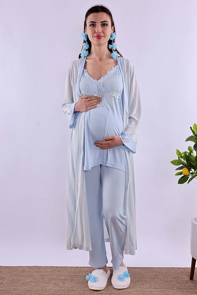 ByLohusa Set de pijamale de maternitate pentru gravide Effortt Blue Peignoir