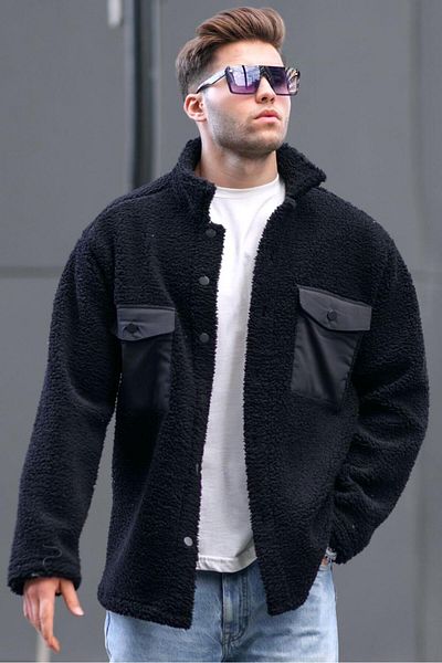 Madmext Black Pocket Detailed Plush Jacket 6720