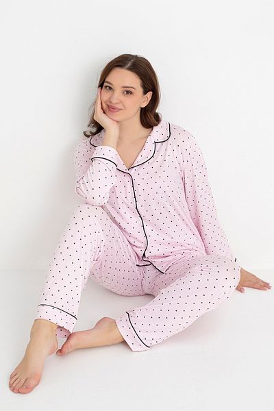 DOFİ Dofi Women's Light Pink Polka Dot Pajamas Set Long Sleeve with Buttons
