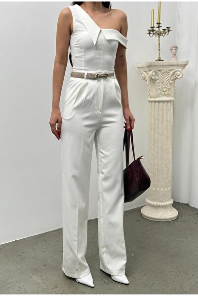 TİSHOOSTORE Belted High Waist White Fabric Palazzo Pants