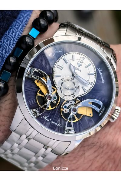 Fiesta Silver-Navy Blue, Automatic(Without Battery), Cord Case Steel, Vip Special Series Men Wristwatch with Bracelet Gift