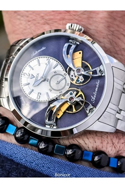 Fiesta Silver-Navy Blue, Automatic(Without Battery), Cord Case Steel, Vip Special Series Men Wristwatch with Bracelet Gift