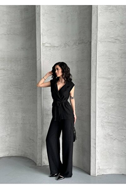 ZF BUTİK Dvojitý plátěný oblek s vestou s páskem