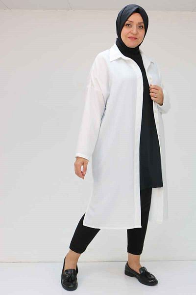Eslina 58065 Large Size Melange Linen Low Sleeve Shirt - Ecru